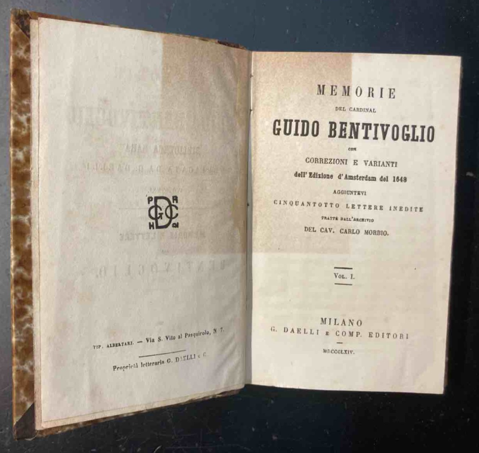 Memoirs Of Cardinal Guido Bentivoglio. Milan. Daelli. 1864 | eBay Australia