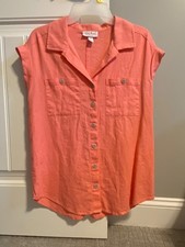 Ingrid & Isabel Maternity Top - XS - Salmon Pink Linen Button Down Short Sleeve