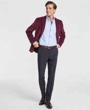 Tommy Hilfiger Mens Modern Fit Dress Pants Burgundy Red Plaid Stretch 34x32