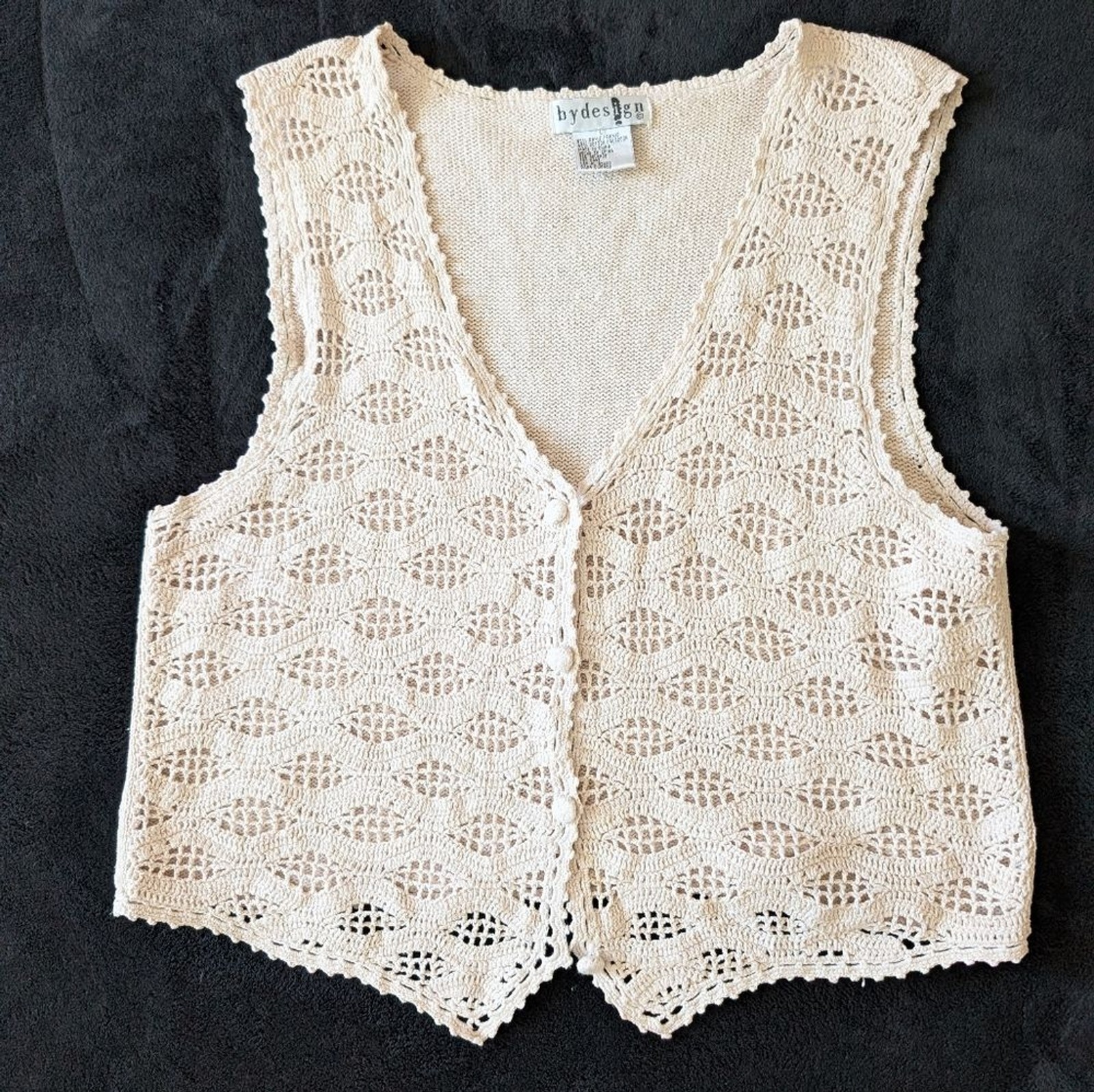 Vintage Cream Crochet Button-Up Vest Fairy Grandma Cottage Boho Indie Sz L image 2