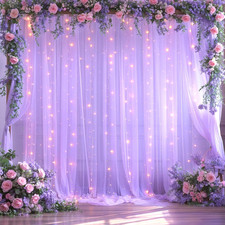 10Ft X 10Ft Lavender Tulle Photo Backdrop Curtain with Lights String for Parties