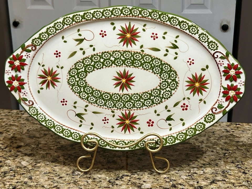 Рождественское блюдо Temptations Old World 18,5 дюйма овальная красно-зеленая праздничная посуда  - Изображение 2 из 4