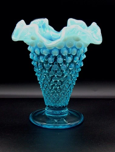 Vintage Fenton Blue Opalescent Hobnail Ruffle Edge Vase 5 1/2 In. MCM Art Glass