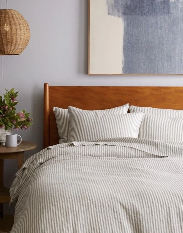 Conjunto completo de capa de edredom queen marmelo 2 fronhas linho orgânico cinza listra branca novo sem etiquetas - Imagem 3 de 4