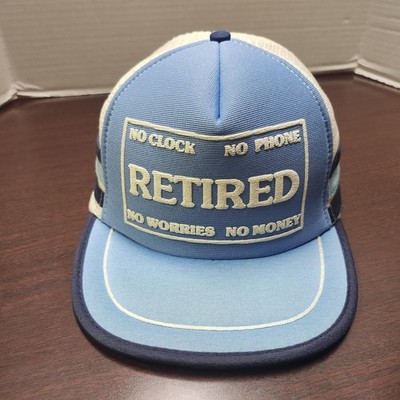 VINTAGE Retired Hat Cap Snap Back Blue White Trucker Mesh Patch Novelty Mens 80s