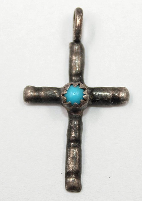vintage Sterling Silver CROSS with Blue Turquoise Cabochon 1.06" x 0.61"