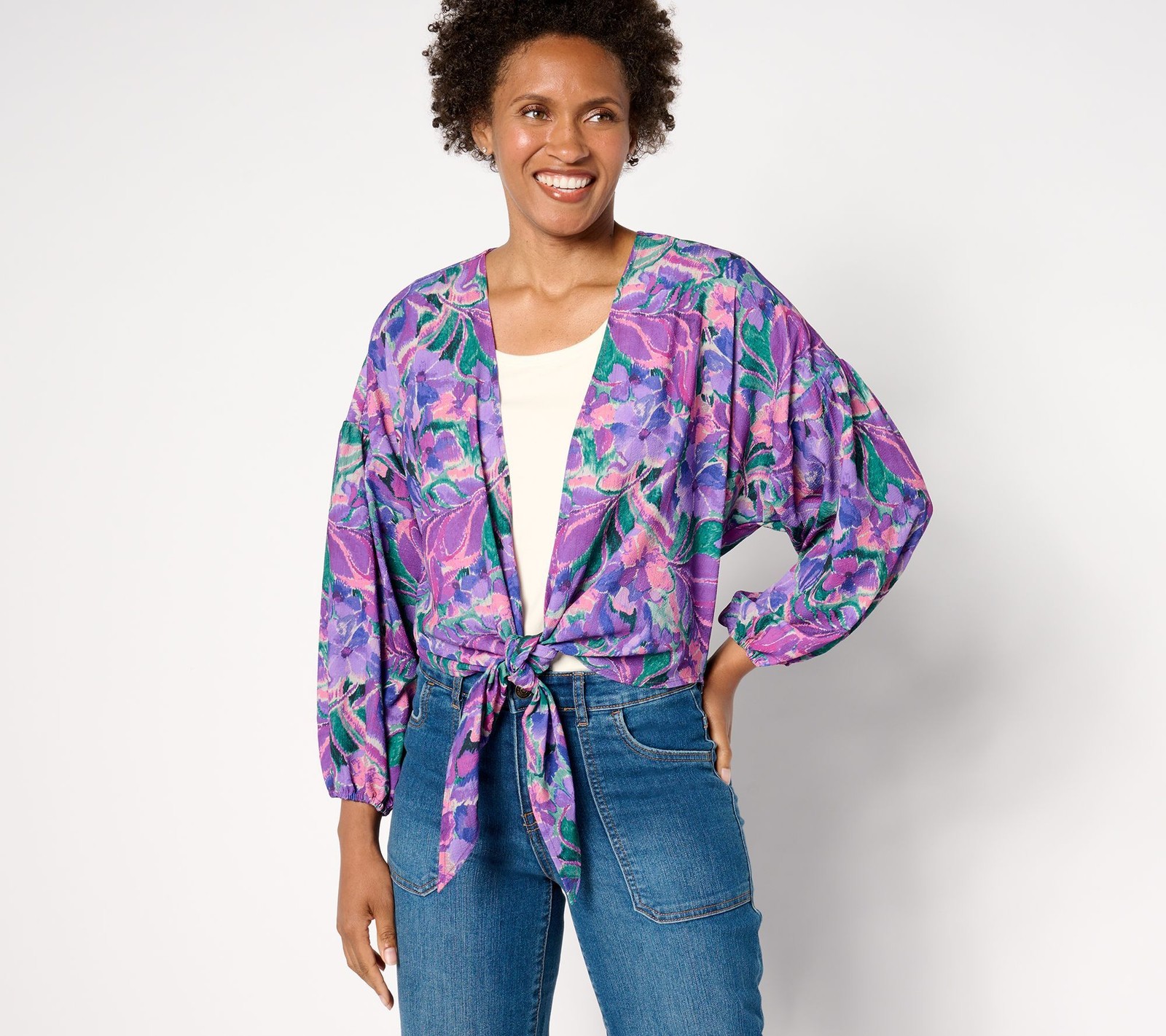 Susan Graver Women's Top Sweater Sz L Printed Woven Tie Front Purple A654236