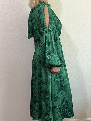 green satin floral midi dress High Neck Balloon Sleeve Belted A-Line Black L Satin maxi dress