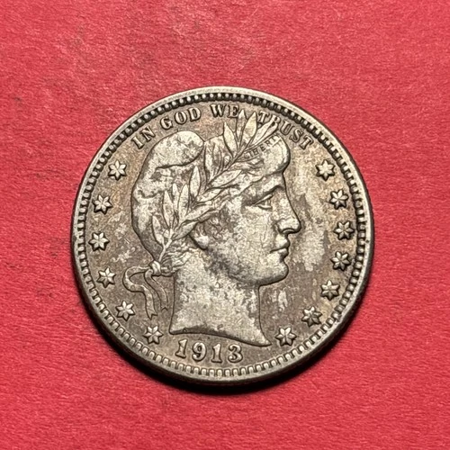 (1) Beautiful Toned Antique 1913-D Barber Quarter CHOICE VF-VERY FINE
