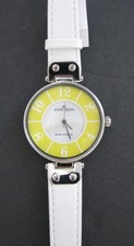 NEW-ANNE KLEIN WHITE LEATHER STRAP+SILVER+YELLOW DIAL+MOP WATCH 10/9985