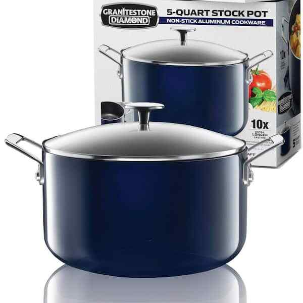 5qt. Round Navy Aluminum Non-stick Ultra Diamond Coating Stock Pot With Lid