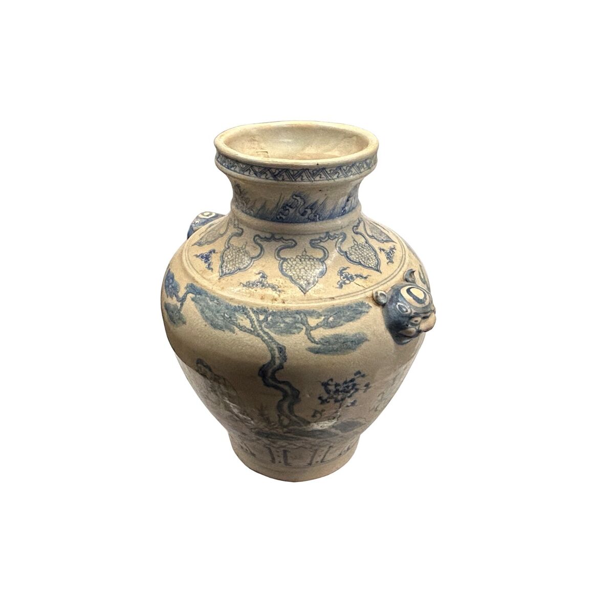 Vintage Handmade Light Tan Cream Base Blue Scenery Graphic Pottery Ceramic Vase ws4414S Vintage Handmade Light Tan Cream Base Blue Scenery Graphic Pottery Ceramic Vase ws4414S
