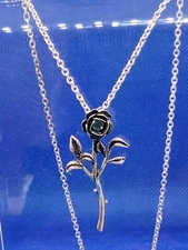 Rose Pendant Necklace Long Stem with blue rhinestone Stainless Steel Necklace