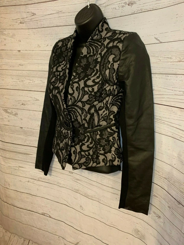 XOXO Juniors Bonded Lace Leather Sleeve Jacket Black Size XS - Image 2 of 4