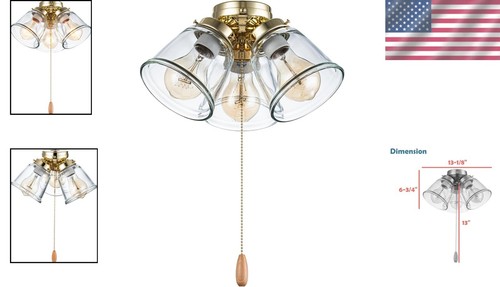 Compact 3-Light Ceiling Fan Kit - Polished Brass Finish with Clear Glass Shades - Picture 2 of 6