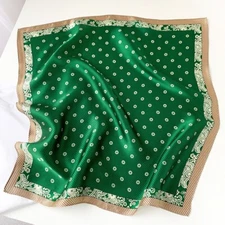 100% Silk Small Square Scarf Kerchief Vintage Green Polka Dot Headband 53*53cm