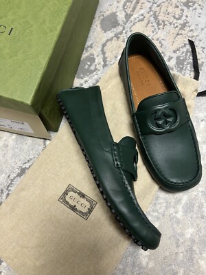 GUCCI INTERLOCKING G LOGO Green Leather Men's DRIVER Loafer Shoes