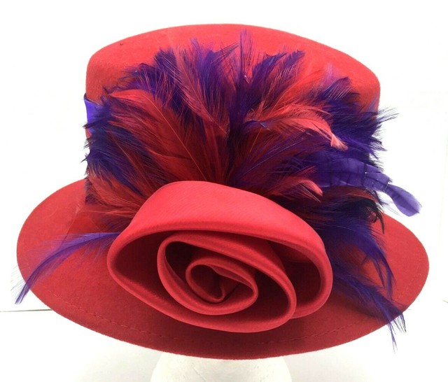 Red & Purple Wool Cloche Hat Women's Red Hat Society Feathers Rosette Adjustable eBay