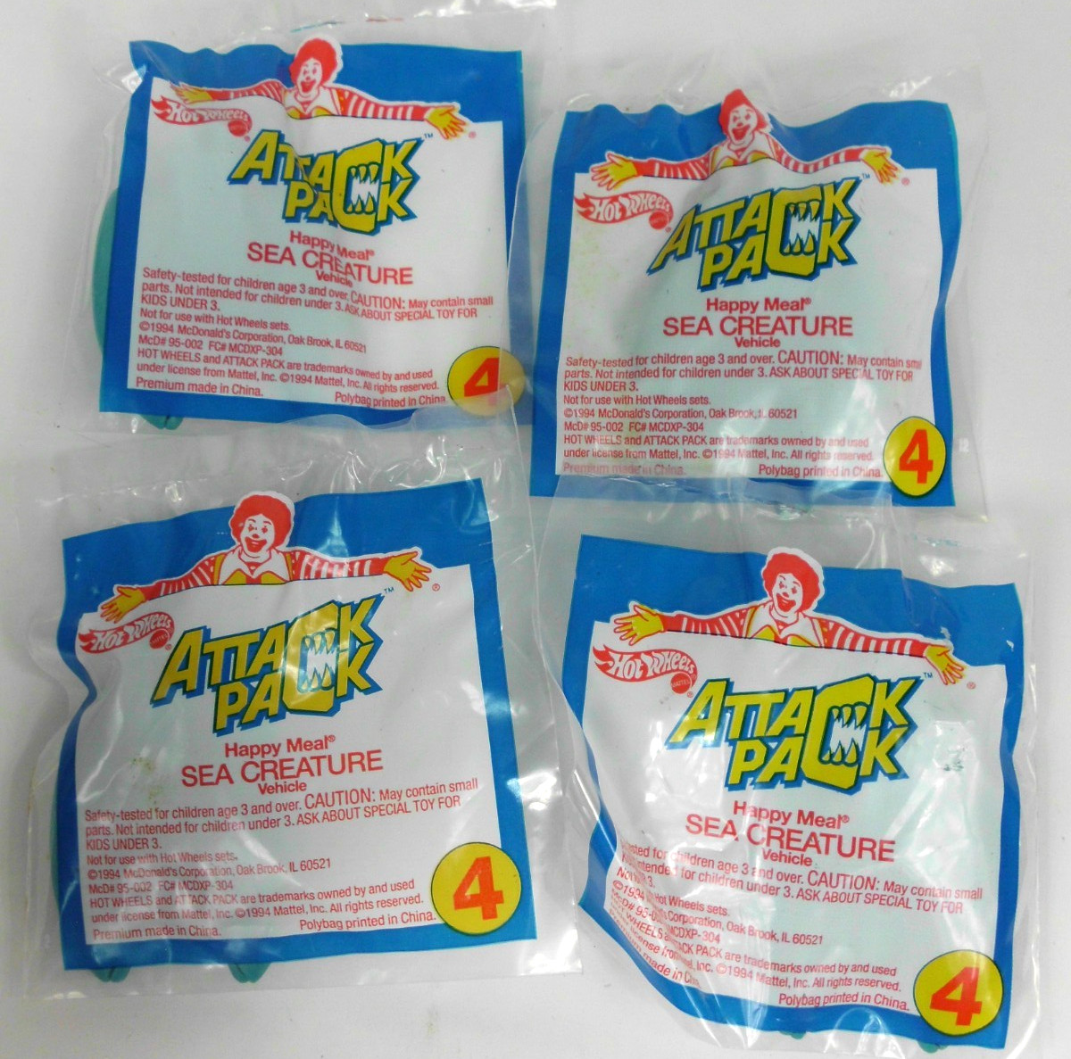 Vintage 1994 McDonald's Hot Wheels Attack Pack Sea Creature #4 Lot of 4 New