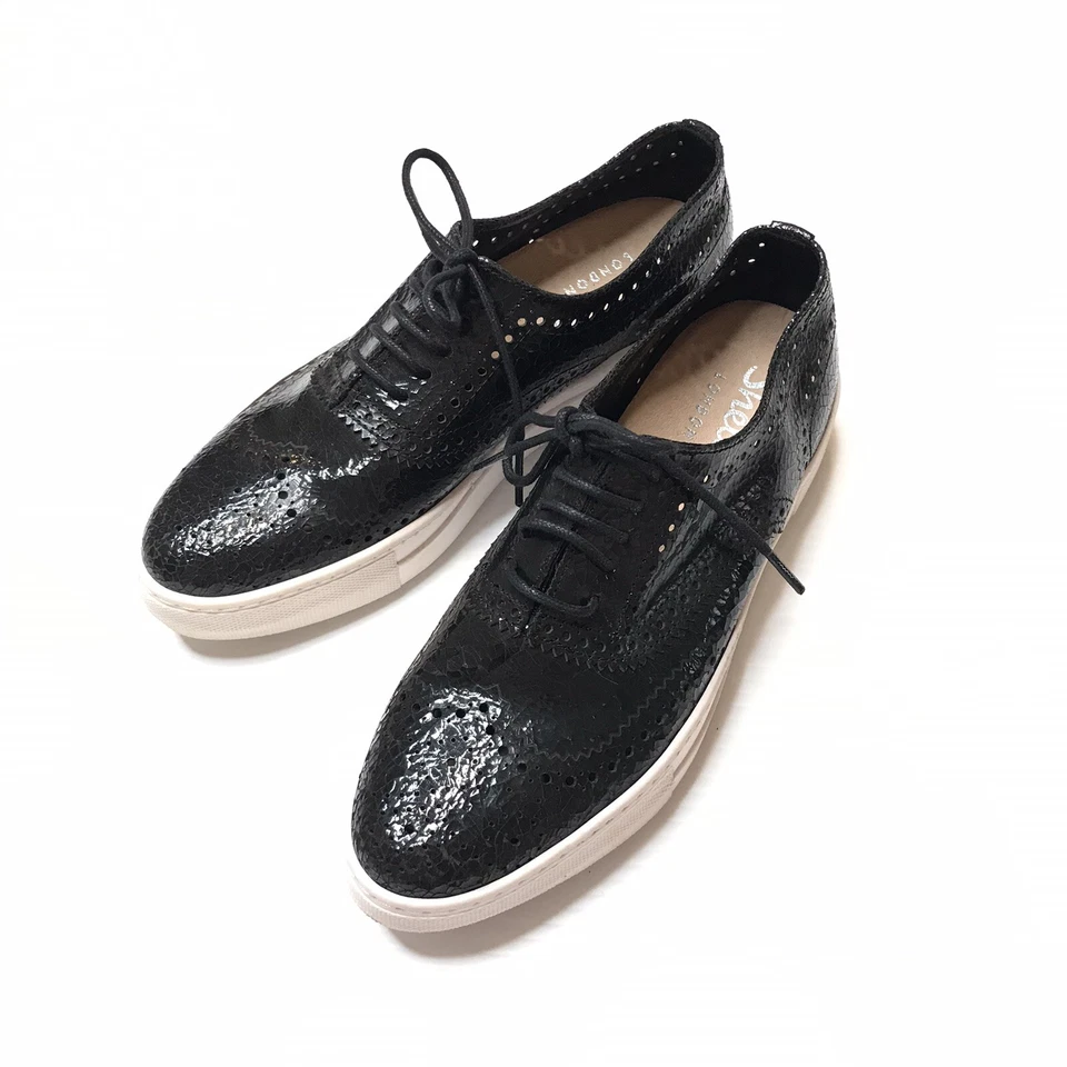 NUEVAS Tenis Oxford Shellys London Cuero Negro agrietado Punta de Ala 37 6.5-7 Foto 2 de 4