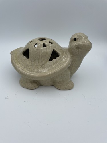 Vintage Smiling Turtle Crackled Tan Ceramic Figurine 6"