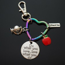 Teacher Thank You Keychain Rainbow Heart Shaped Key Ring Globe Apple Charms Gift