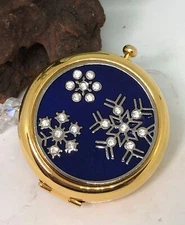 Estee Lauder Gold & Blue Crystal Snowflakes Empty Collectible Compact - New