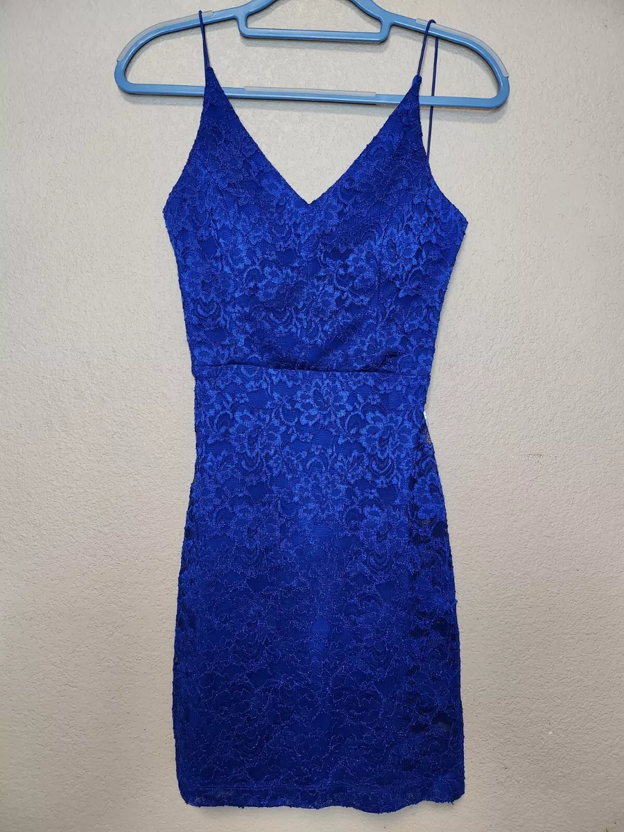 Teeze Me Women s Backless Lace Bodycon Dress Royal Blue Size 5 6
