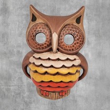 Vintage 70s Handmade Ceramic Owl Figurine Luminary Unique Folk Art Decor