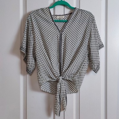 Max Studio Tie Front Blouse Ivory Black Geometric Medallion Print Dolman V-neck 