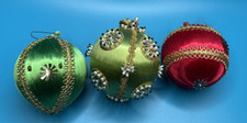 VTG Lot of 3 Push Pin Satin Beaded Jeweled Bulb Christmas Ornaments Red  Green