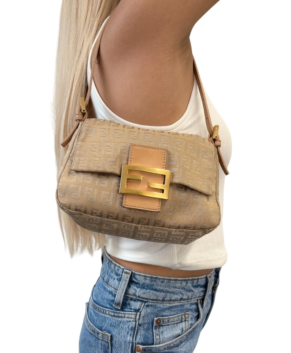 FENDI Vintage FF Logo Zucchino Mamma Baguette Shoulder Bag Beige
