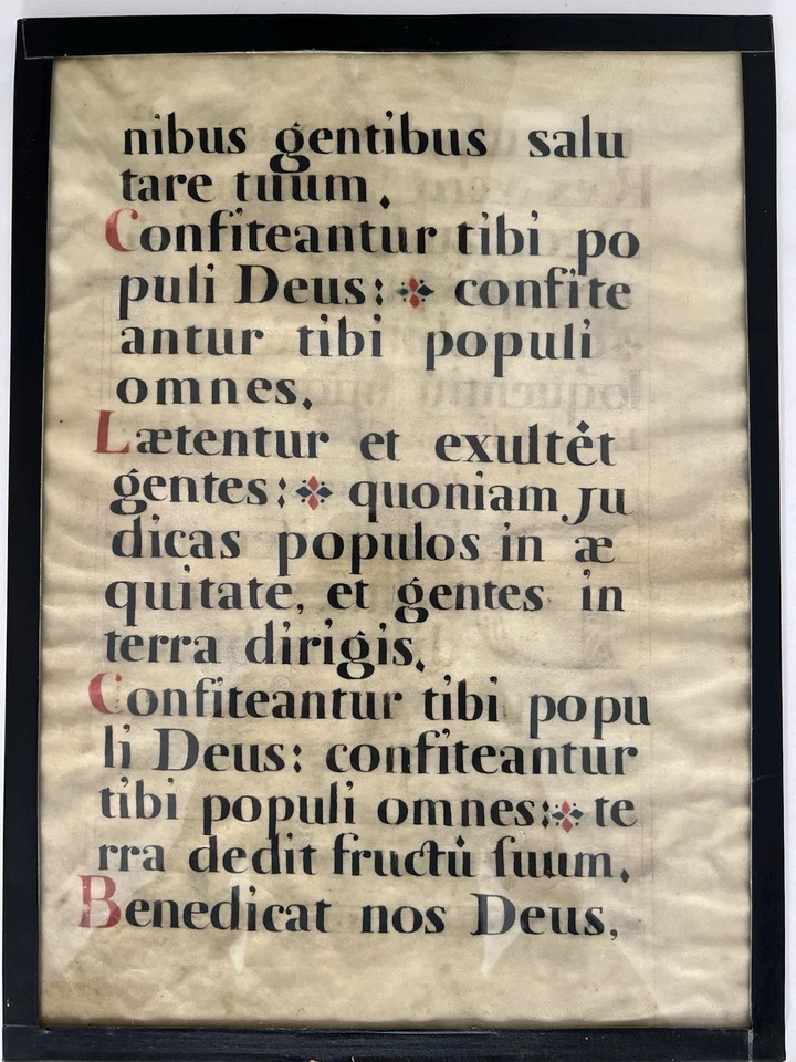 Antique Medieval Vellum Chant Latin Music Manuscript Two Sides Framed 19" x 22" - Image 2 of 4