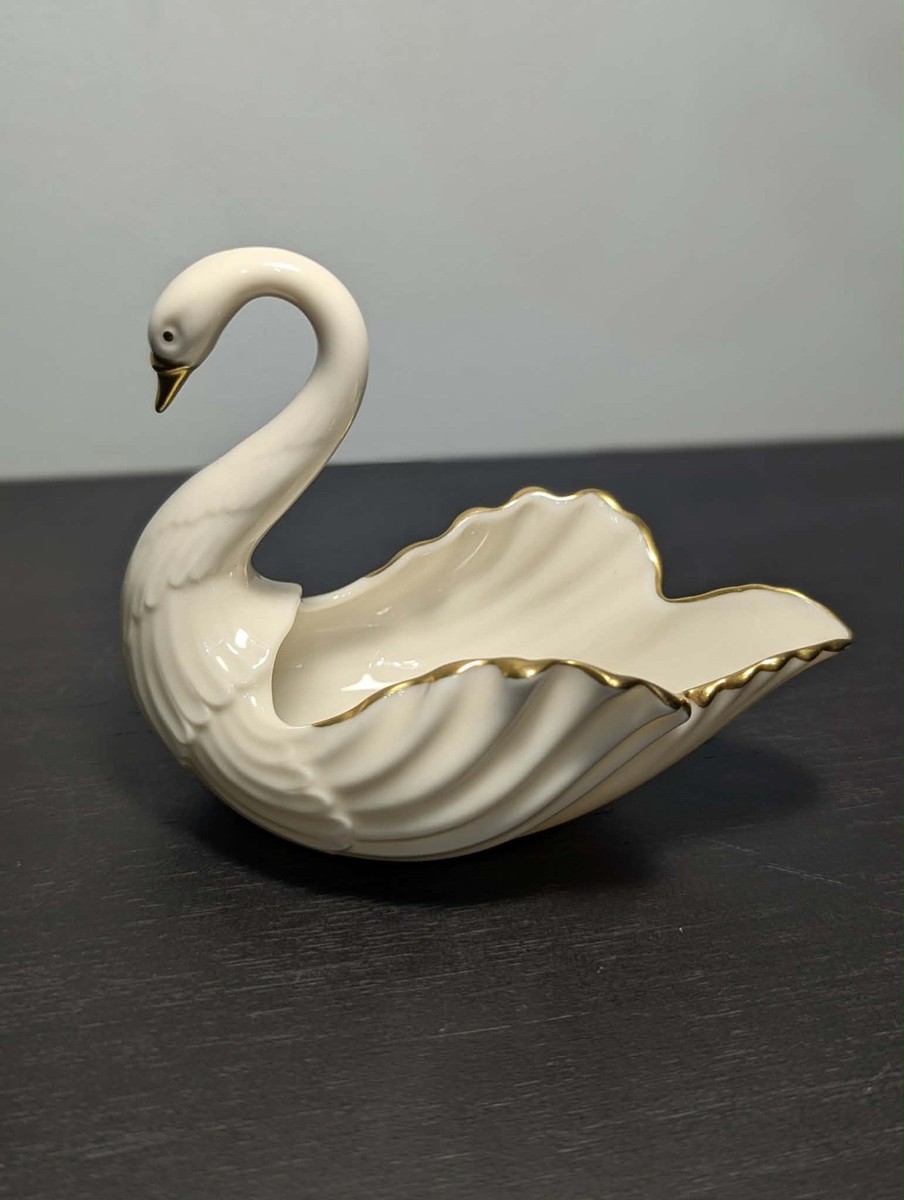 Lenox Swan Trinket Dish Ring Holder Ivory Porcelain 24K Gold Trim