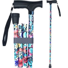 Printed Adjustable Foldable Walking Cane Seniors Mobility Aid Up To 250 LBS