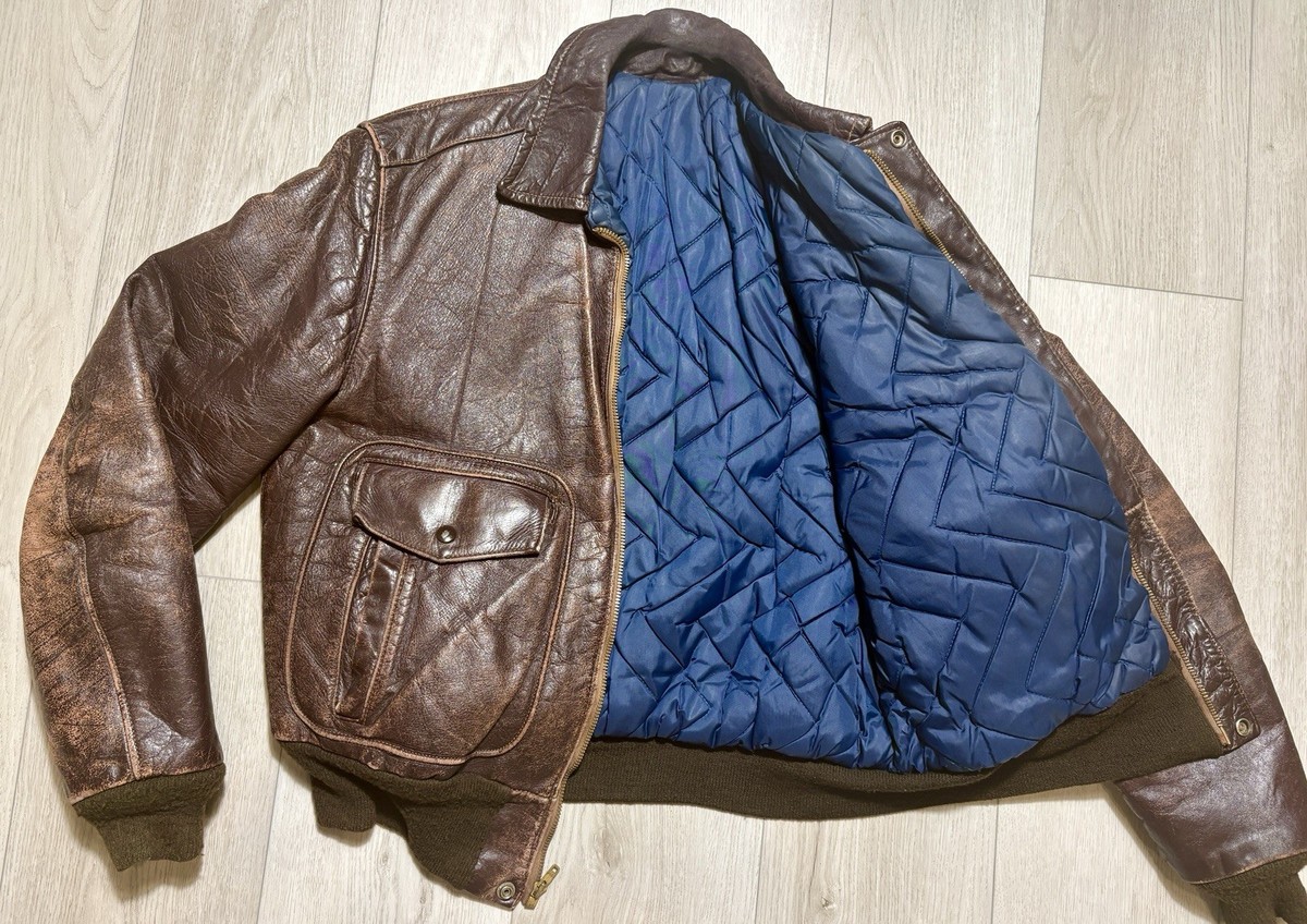 VTG 70s Leather A2 Flight Jacket Brown Distressed Patina Talon Zip