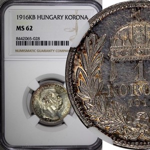 Hungary Franz Joseph I Silver 1916 KB 1 Korona NGC MS62 Toning KM# 492 (028)