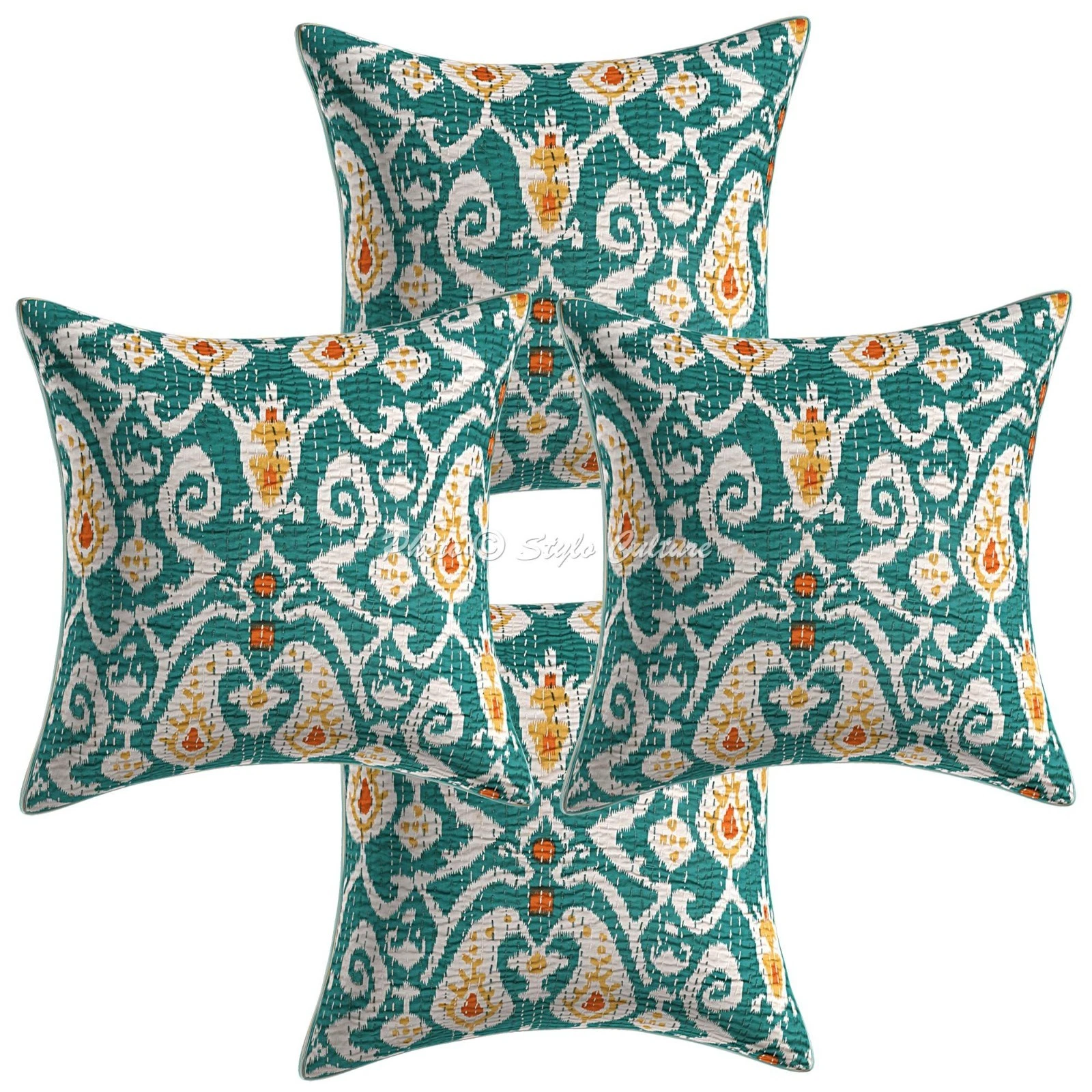 Boho Cotton Throw Pillow Covers Kantha Green Ikat Indian 40x40 cm Cushion Cover