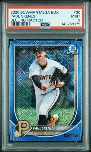 2025 BOWMAN MEGA BOX CHROME #30 PAUL SKENES BLUE REFRACTOR 036/150 PSA 9