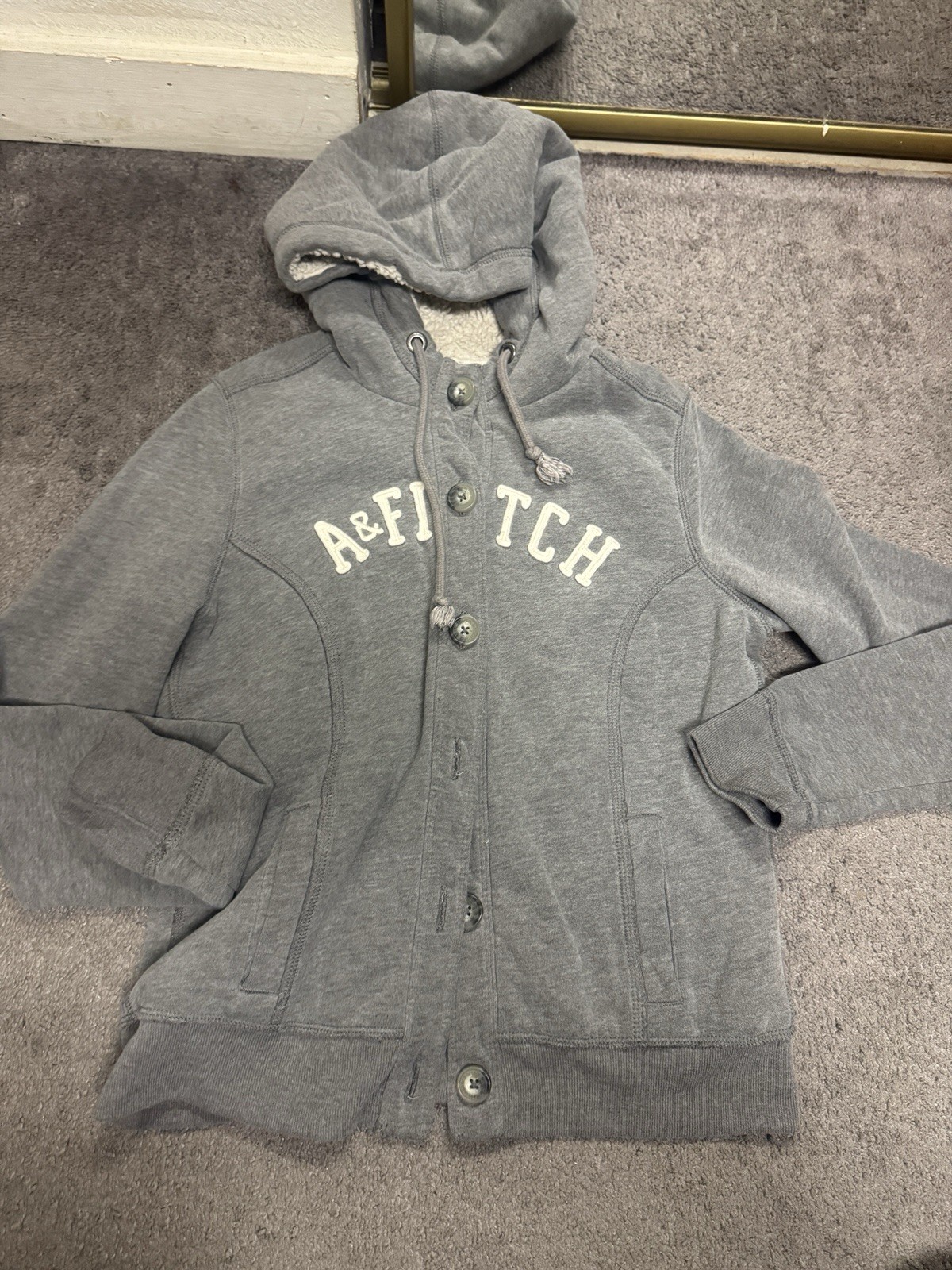 Abercrombie & Fitch Sherpa Hooded Button Up Jacket Grey Size L