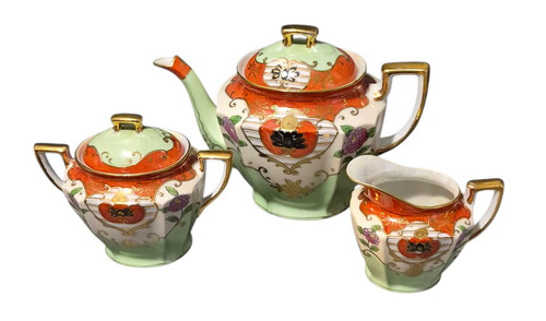 Vintage Asian Japanese Gilded Lusterware Tea Pot Creamer & Sugar Bowl