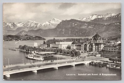 Vintage RPPC Luzern Bahnhof with Kunst- & Kongresshaus Switzerland RPPC