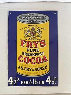 Fry s Pure Breakfast Cocoa ENAMEL Sign. Nice Colors.
