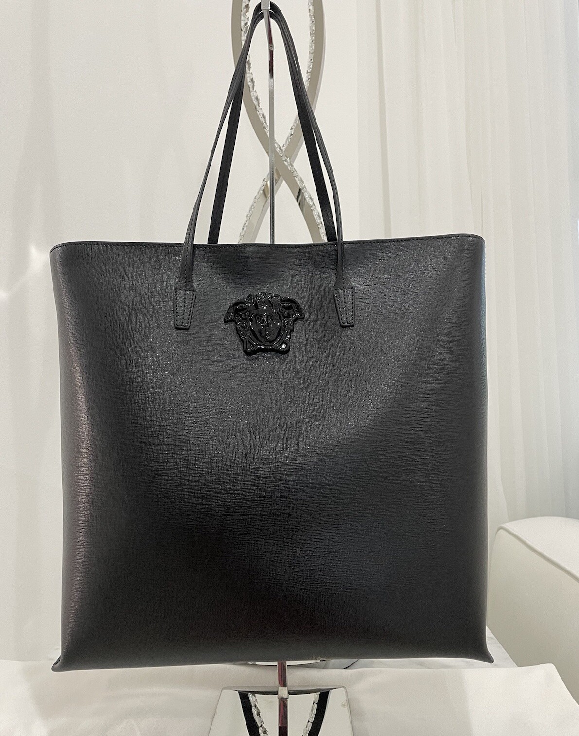 VERSACE Black Zipper Texture Leather Top Tote With Pouch /Black Medusa NWT!