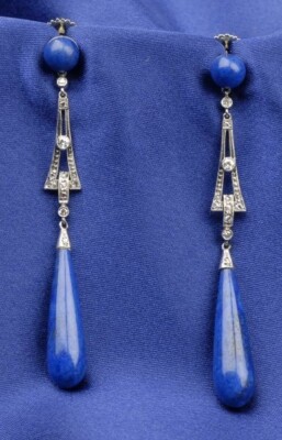 Antique Drop Cut Natural Lapis Lazuli Dangle Earring Sterling Silver 925 