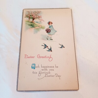 Postcard: Easter Greetings Girl Basket of Flowers Bluebirds Crafts Junk Journal