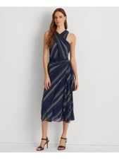 LAUREN RALPH LAUREN Women's Navy Crossover Front Side Tie Lined Midi Dress SZ 4
