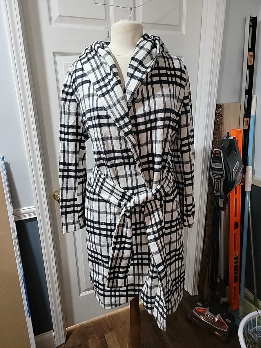 Venus Women's Hooded Long Coat White with Black Graph Pattern Size 12 (#432)