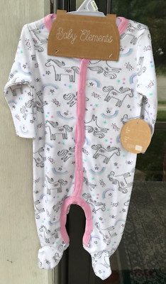 Baby Elements Girls 0-3 mo White/Pink Unicorn Long Sleeve Footed Sleeper New F