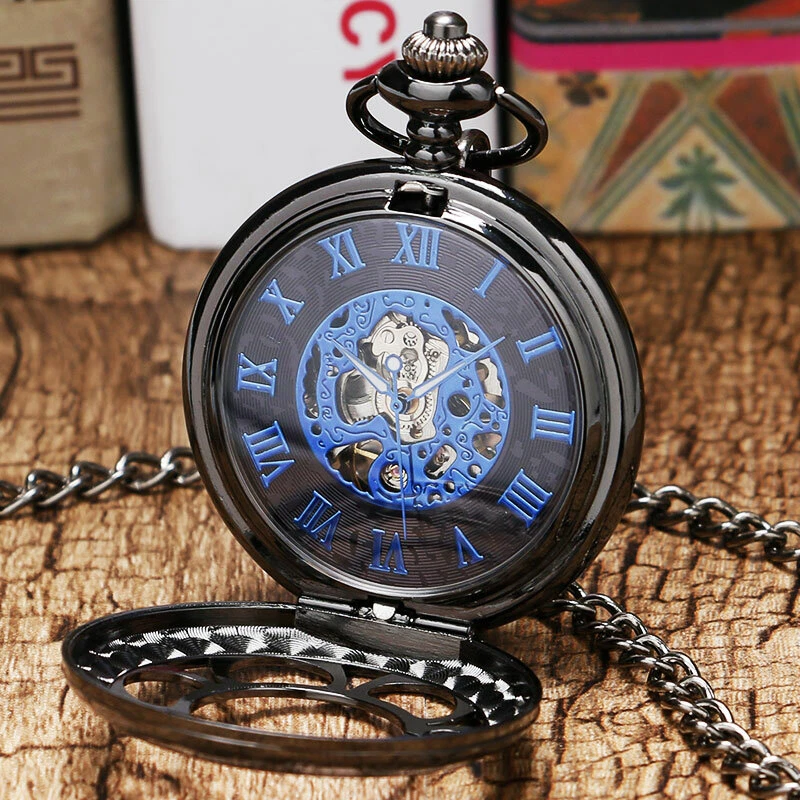 Black Vintage Mens Wind Up Mechanical Pocket Watch Fob Pendant